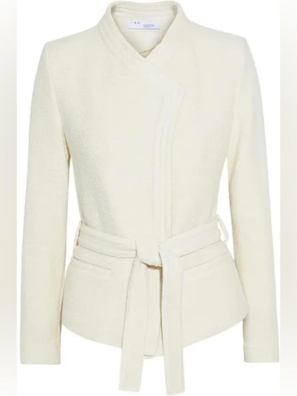 NWT IRO PARIS Euro SZ 34/ XS Belted Jacket Leather-Trim Bouclé-Knit Wool Cream - Picture 6 of 14